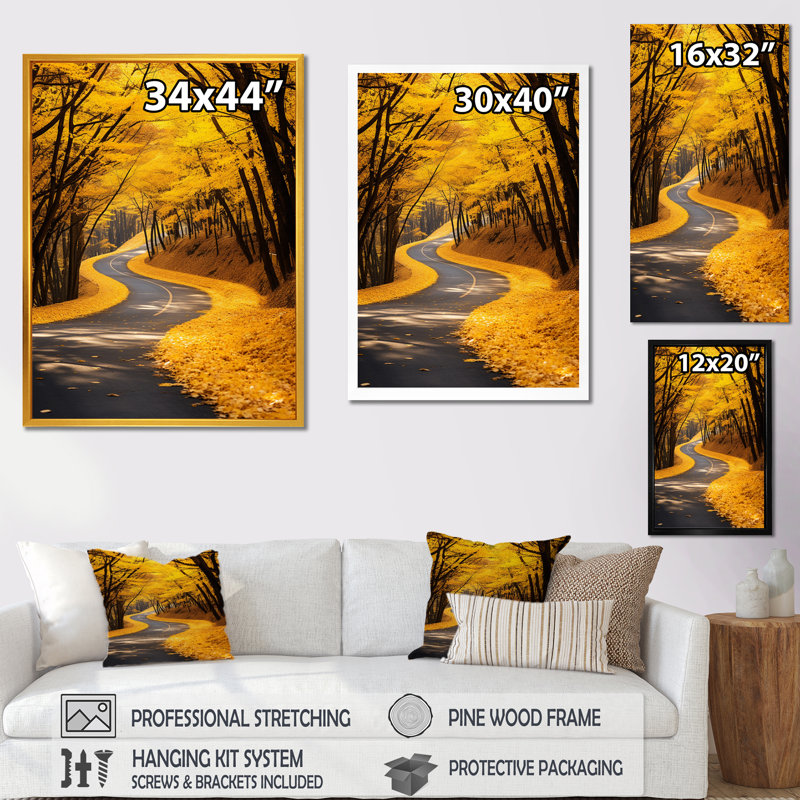 Route d'automne jaune dans la forêt I, Cadre flottant doré, H 44 po x l 34 po x P 1,5 po