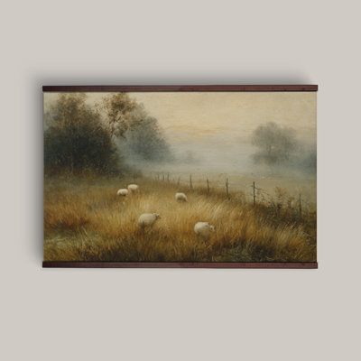 «Farmhouse Sheep Landscape Wall Art», peinture pastorale de campagne rustique, décoration murale de ferme de prairie rétro