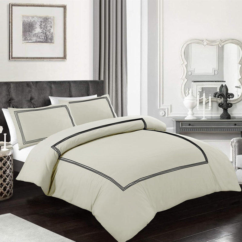 Cotton Blend Duvet Cover Set with Pillowcases, Cream/Black, Double Duvet Cover + 2 Pillowcases