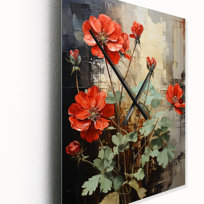 Horloge murale florale rouge, H 32 po x l 16 po x P 1 po