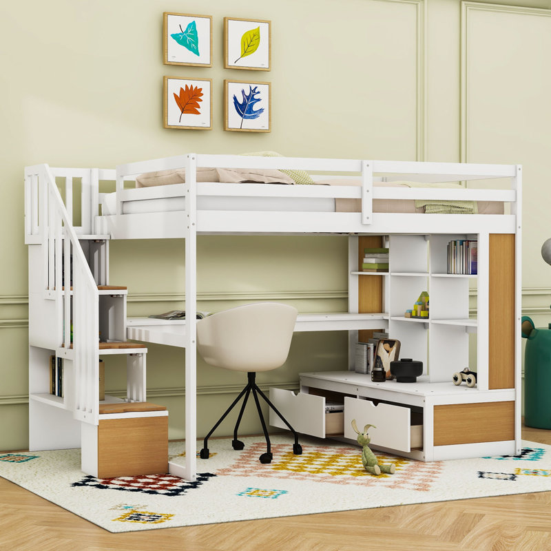 2 Drawers Full Wood Loft Bed With Desk, Shelves And Storage Staircase, White Natural