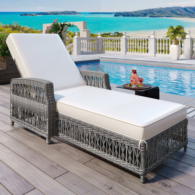 Outdoor Long Reclining Chaise, Wicker Lounge With Armrests, Patio Adjustable Recliner With Soft Removable Cushions, All Weather Rattan Pool Lounge For Poolside & Garden, Beige