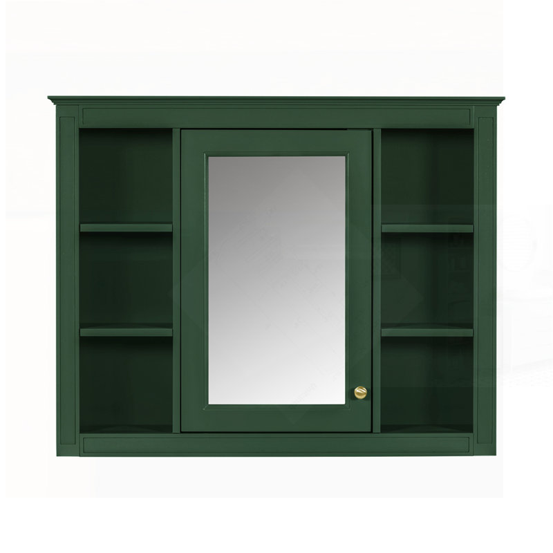 Armoire de rangement murale moderne avec miroir et 6 tablettes ouvertes, parfaite pour les salles de bain organisées et élégantes.