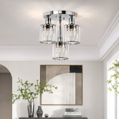 Plafonniers modernes en cristal, plafonnier semi-encastré 3 lumières avec abat-jour en cristal transparent