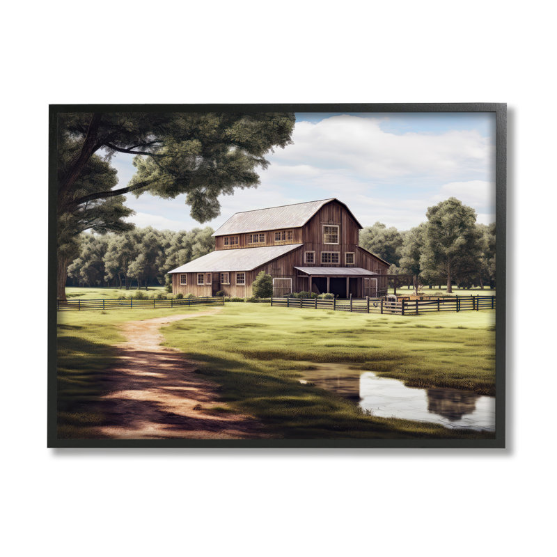 Farmhouse Barn & Stream encadré sur bois par Ray Powers, H 11 po x l 14 po x P 1,5 po, Giclée encadrée noir minuit