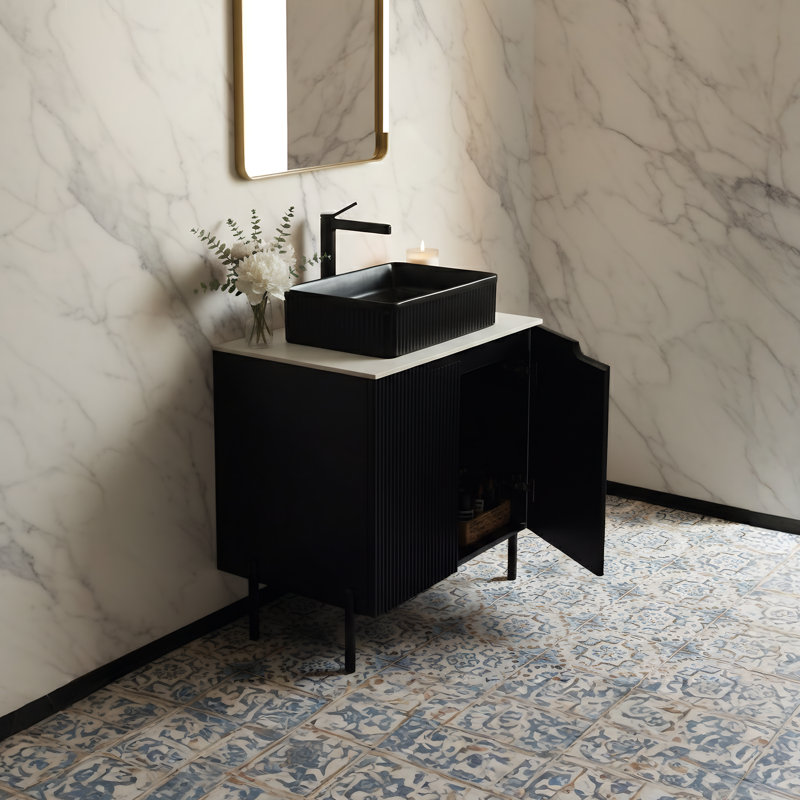 Meuble-lavabo de salle de bain 30 po, lavabo en céramique, plateau en pierre de Carrare, Noir
