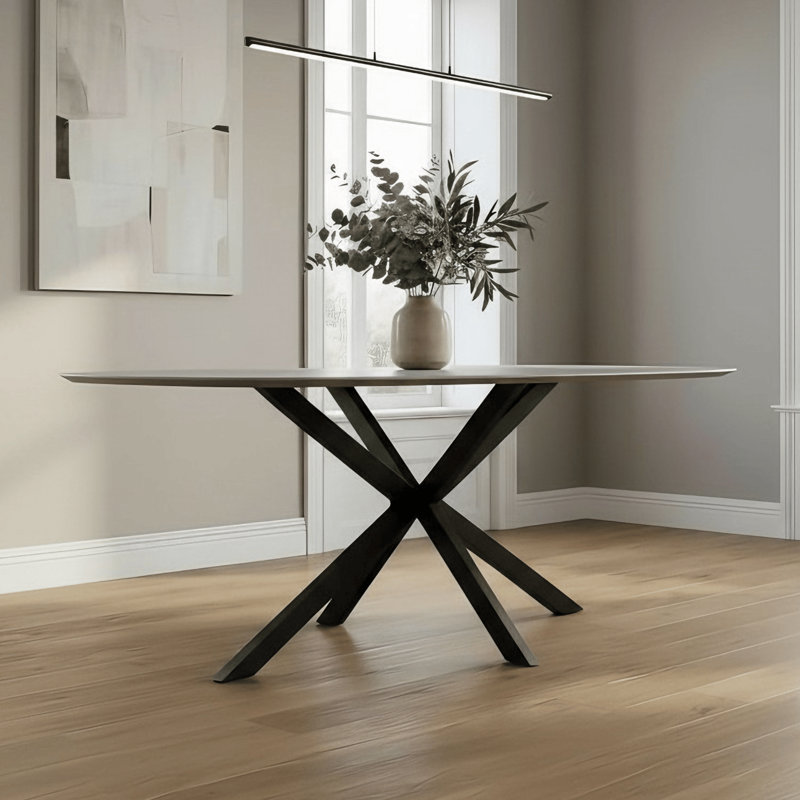 Gemala Modern Grey Dining Table with Black Crossed Metal Legs, 76cm H x 160cm W x 90cm D
