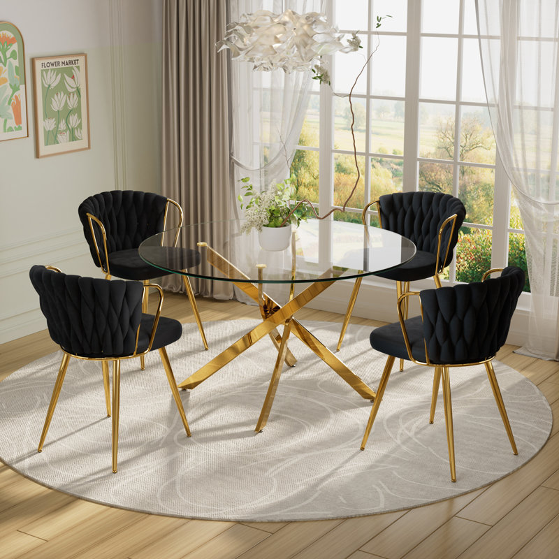 5 - Piece Round Glass Dining Set, 29.5"H x 47.24"L x 47.24"W, Black/Gold