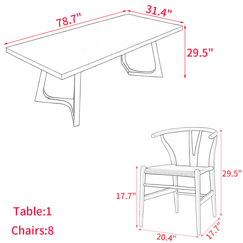 Ensemble de table de salle à manger simple en bois massif de style nordique, H 29,5 po x L 78,7 po x l 31,4 po