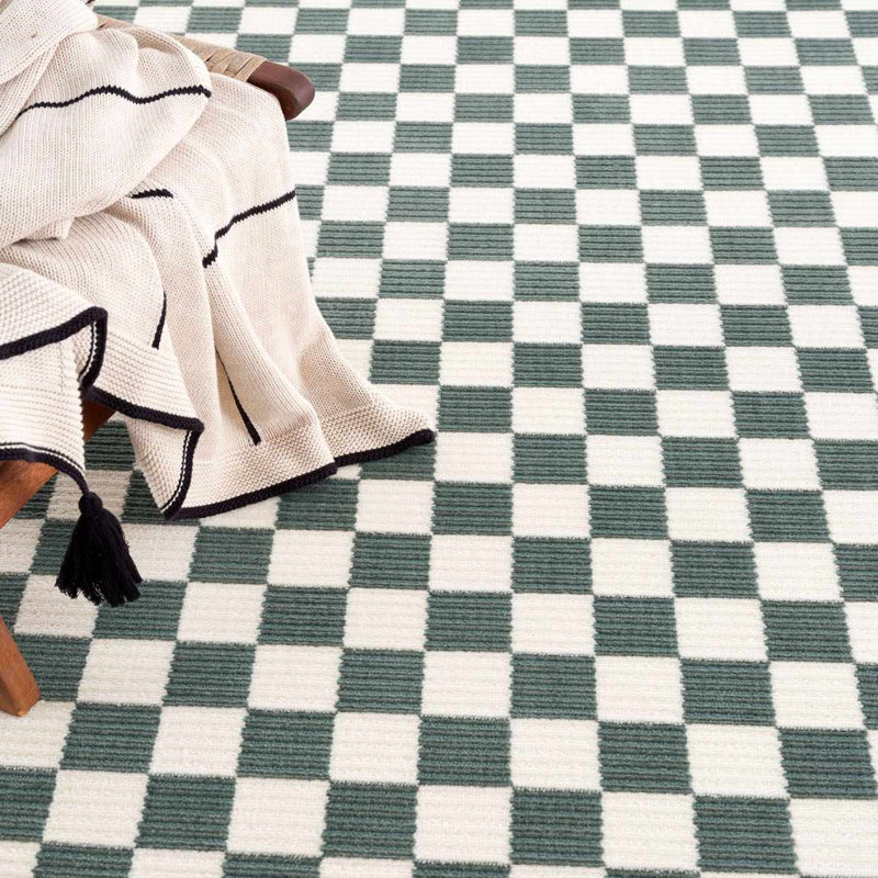Chuby Checkered Machine Washable Cream / Off White / Petrol Blue Area Rug, Rectangle 4' x 6', Petrol Blue