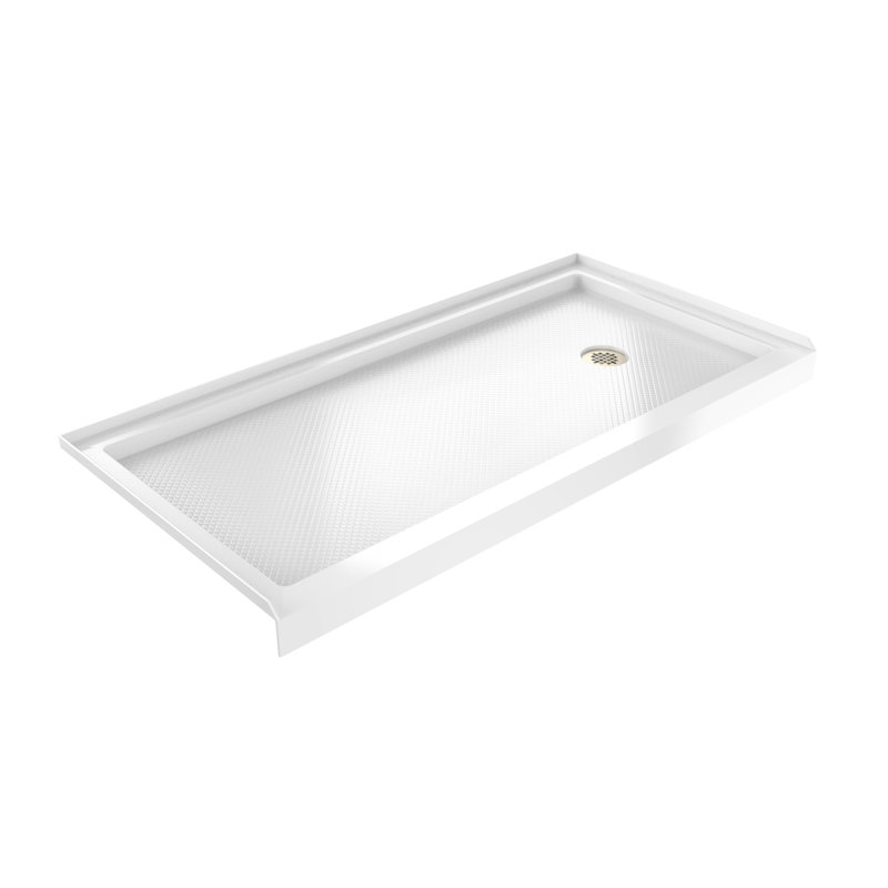 DreamLine SlimLine 34 inch D x 60 inch W x 2 3/4 inch H Single Threshold White Alcove Shower Base with 2 inch Brushed Brass Right Round Drain