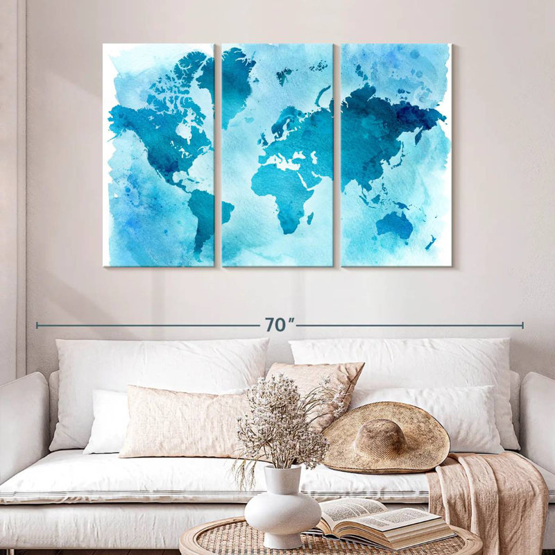 Carte du monde bleue rétro Aliaz, H 32 po x l 50 po