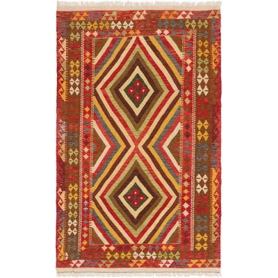 Tapis jaune/rouge/brun de laine 4 pi 11 po x 8 pi 3 po handwoven à tissage plat Joanna