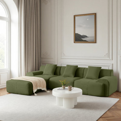 113" Modern L-Shaped Modular Sectional Sofa For Living Room, Corduroy Upholstery Green, Oversized 3-Seater Couch With Deep Seat And Movable Ottoman – No Assembly