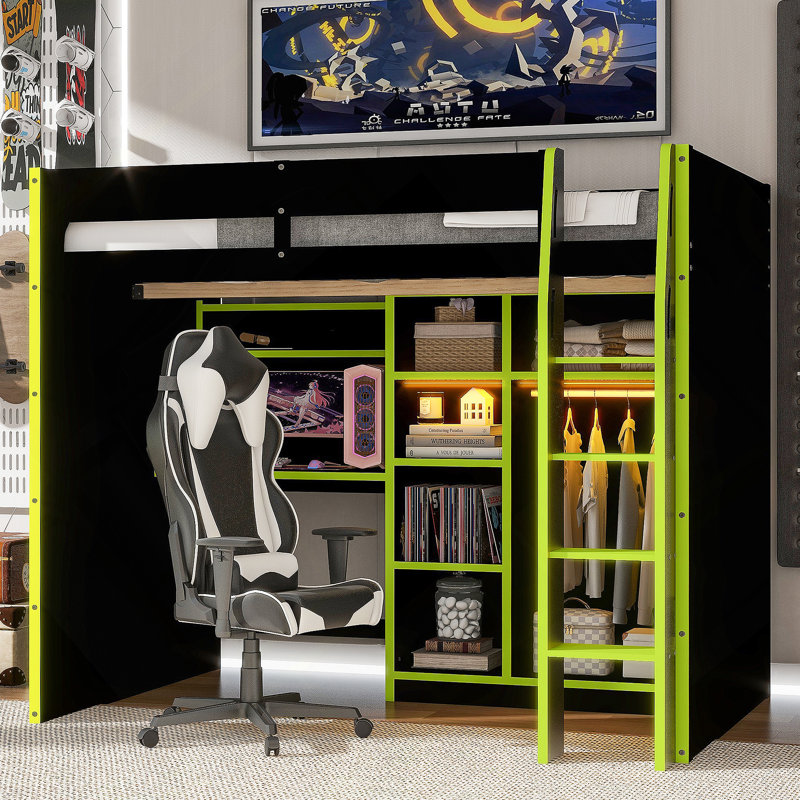 Lit mezzanine double en bois avec bureau, garde-robe ouverte, compartiments de rangement et lumières RVB, vert, Green