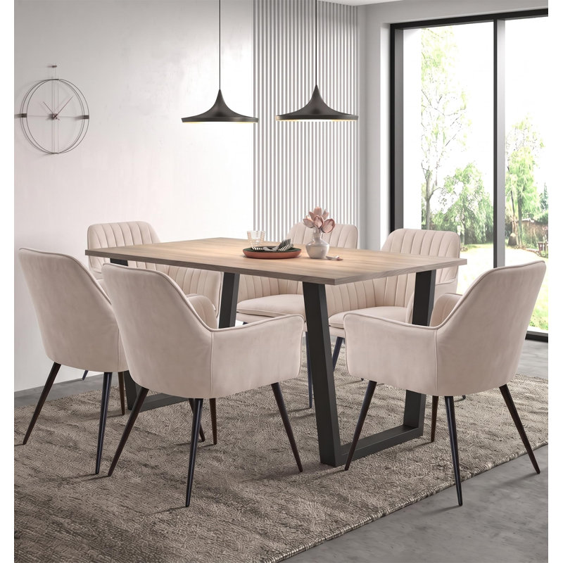 80cm Rectangular Dining Set with Upholstered Chairs, 77cm H x 150cm W x 80cm D, 7 Pieces: Table, 6 Chairs, Beige