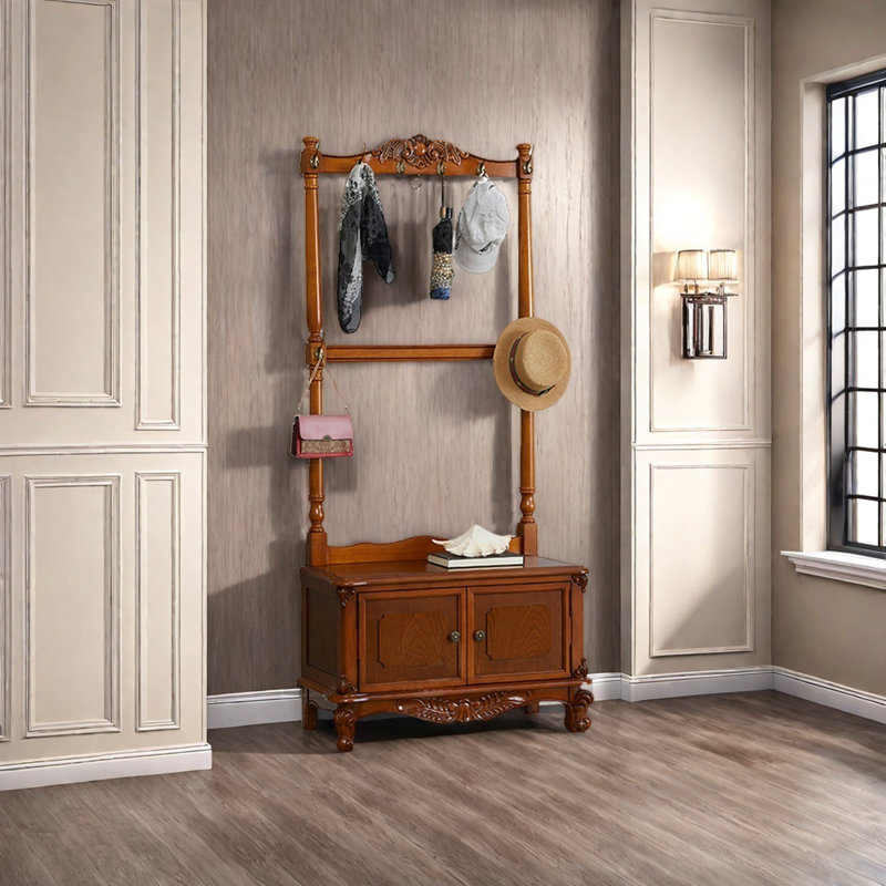 Solid Wood Veneer Hall Tree with Hooks, Brown