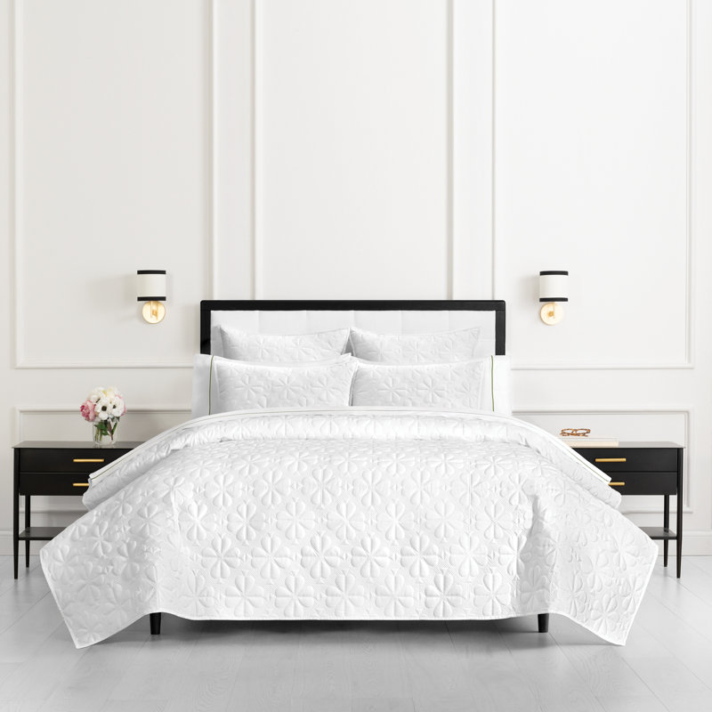kate spade new york Spade Floral 2-Piece Twin Quilt Bedding Set, 100% Cotton Sateen Reversible Cover, All Season Warmth Bedding, Machine Washable, Bright White