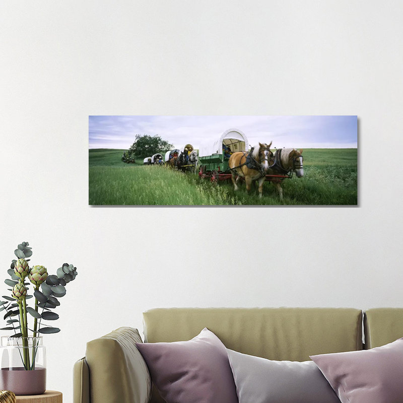 Historical Reenactment, Covered Wagons In A Field, North Dakota, USA - Wrapped Canvas Panoramic Print
