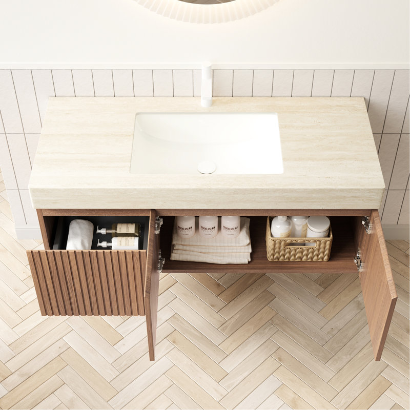 Meuble-lavabo de salle de bain avec comptoir en pierre frittée à motif de 48 po, armoire en contreplaqué, lavabo en céramique, 2 portes, 1 tiroir, couleur, pré-assemblé, évier artistique facile à installer, conception d'installation