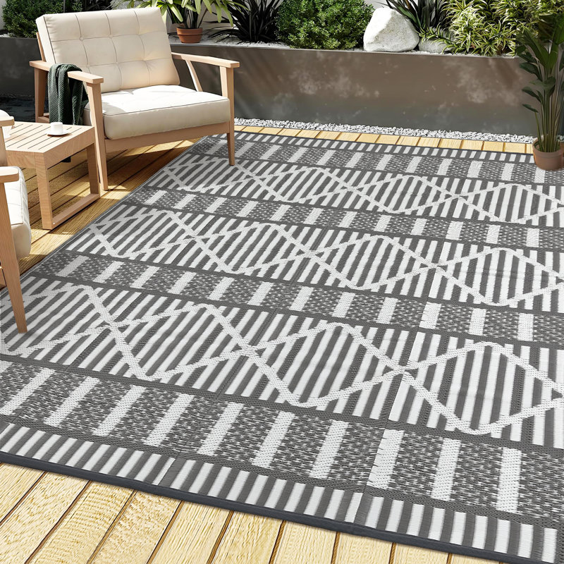 Outdoor Area Rug 8' x 10', Reversible Woven Polypropylene with Waterproof Finish, Geometric Pattern Patio Mat for Deck, Porch, Backyard or Beach