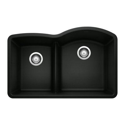 Diamond Silgranit 32" 40/60 Reverse Double Bowl Undermount Kitchen Sink with Low Divide - Coal Black