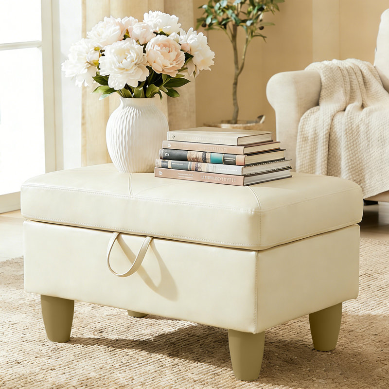 Rectangular Storage Ottoman Bench, Faux Leather Footrest With Hinged Lid, Coffee Table Stool For Living Room, Bedroom, Entryway, White