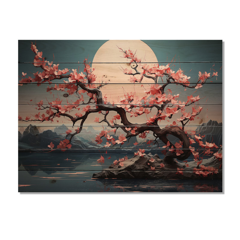 «Pink Cherry Blossom Twilight», paysage romantique sur bois, H 10 po x l 20 po