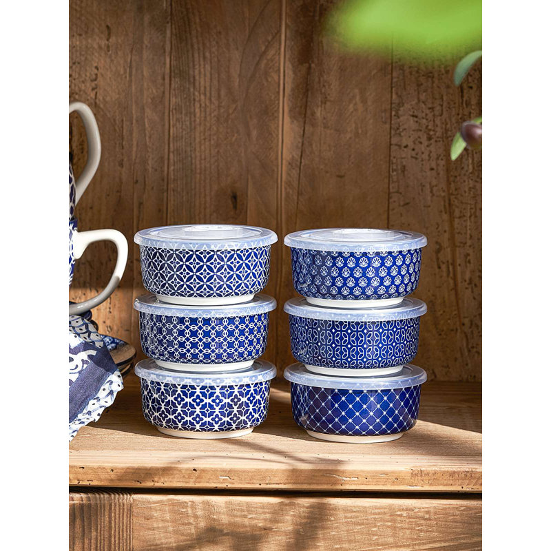 Ensemble de 6 ramequins floraux bleus avec couvercles DOWAN, 6 pièces