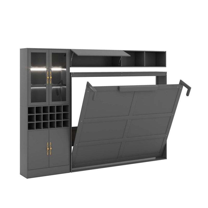 Lit escamotable double avec canapé, port USB, tablettes et lumière, Double, gris