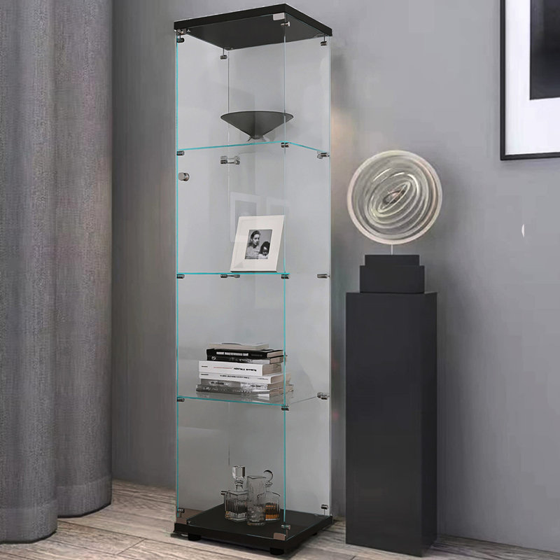 4-shelf One Door Black Glass Display Cabinet - Chic Storage Option With 4 Shelves And Modern Shelf