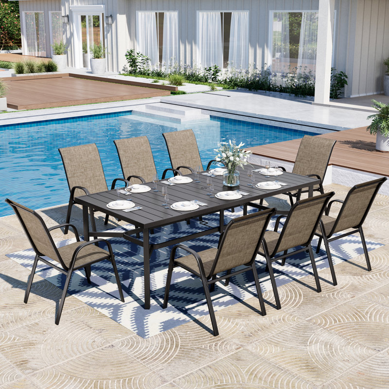 Ensemble de salle à manger pour 8 personnes avec table rectangulaire en acier et chaises empilables en PVC-coated polyester (ensemble de 9)