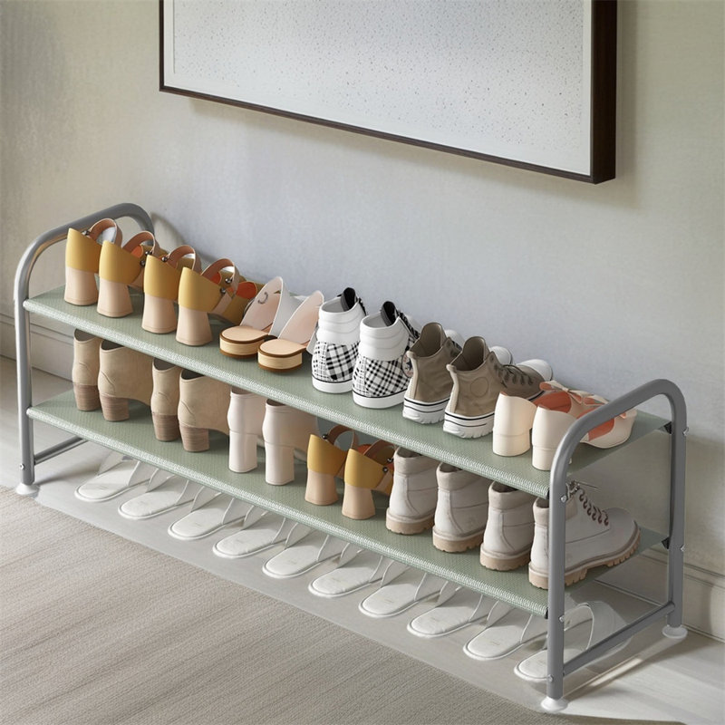 2-Layer Shoe Rack With Long Storage Shelf, Wardrobe Entrance Wide Metal Shoe Rack, Green