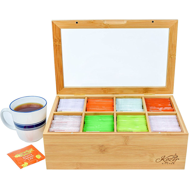 Large Bamboo Tea Box with Clear Hinged Lid and 8 Compartments