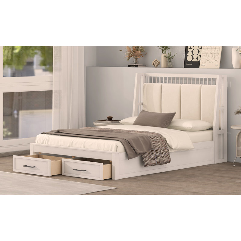 Lit plateforme en bois avec tête de lit tapissier et 2 tiroirs