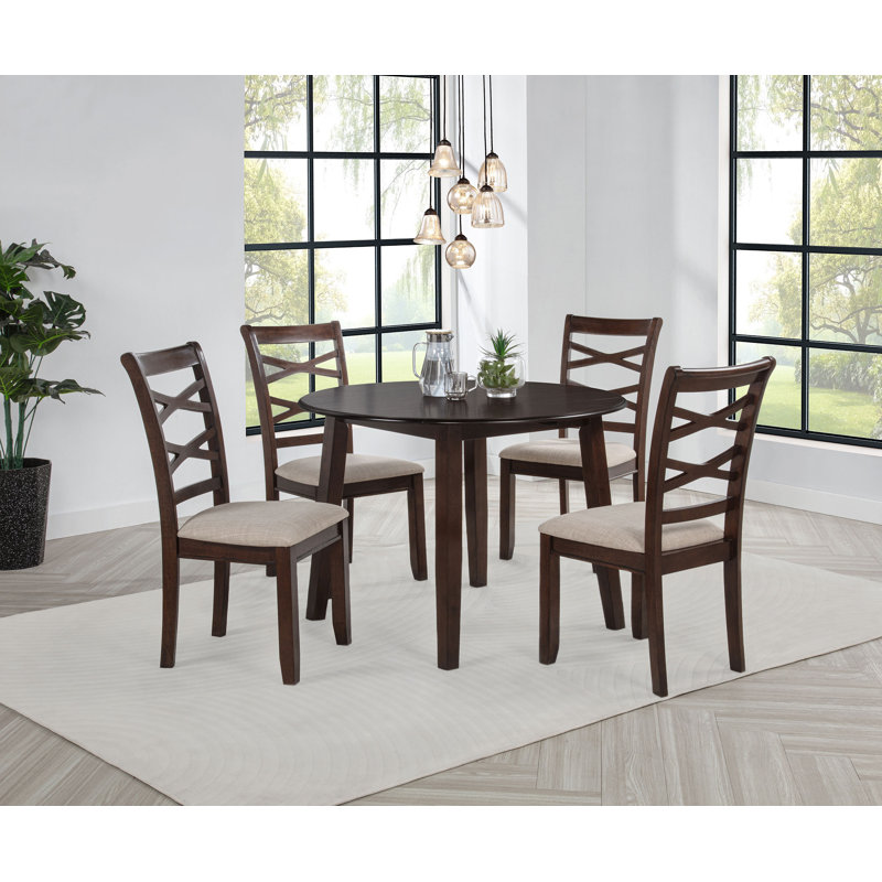 Barton 5-Piece Round Dining Set with Table and 4 Upholstered Cross-Back Chairs, Dark Brown
