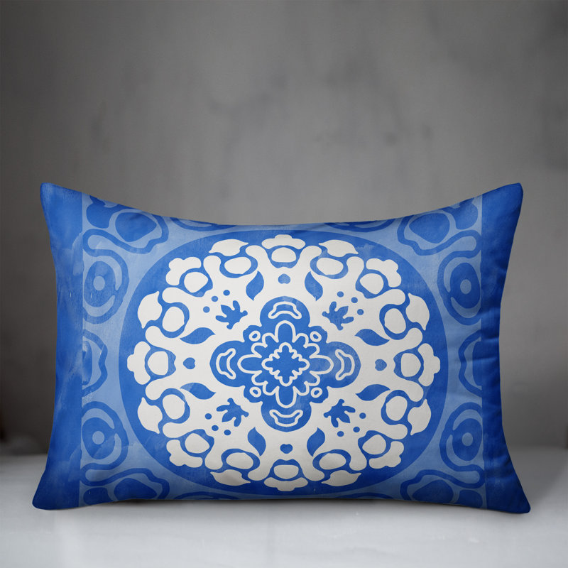 Outdoor Reversible Throw Pillow, Blue, Floral 2