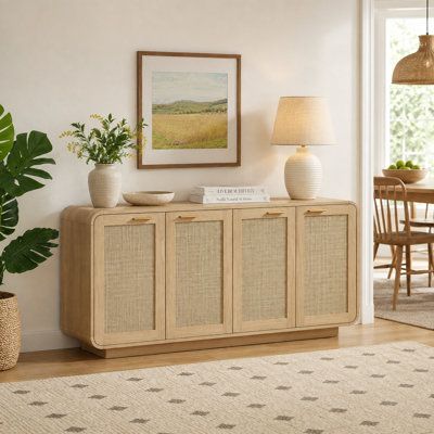 Buffet en rotin à 4 portes, meuble de rangement moderne avec panneaux en rotin tressé et base robuste pour salon, cuisine et salle à manger