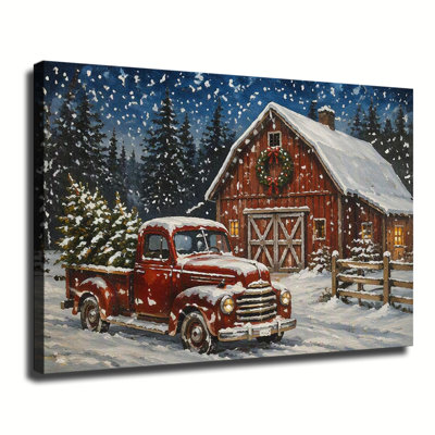 Vintage Red Barn And Old Pickup Truck With Christmas Wreath On Snowy Winter Night, Canvas Wall Art For Home Decor