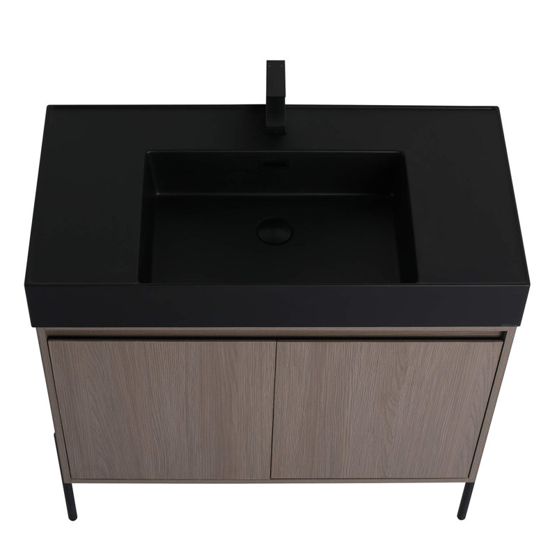 Ebern Designs Yordana Bathroom Vanity 36" Wide, Gray Oak, Black