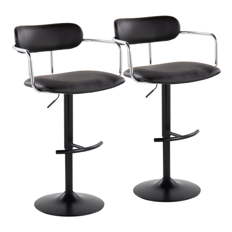  Tabouret de bar en similicuir à hauteur ajustable Erma avec repose-pieds arrondi en T (ensemble de 2), Noir, Noir