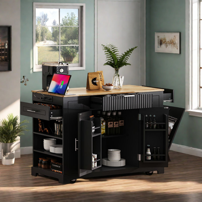 Fluted Rolling Kitchen Island With Trash Can Storage Cabinet, Power Outlet, Internal Storage Rack, 3 Drawers, 3 Open Side Racks
