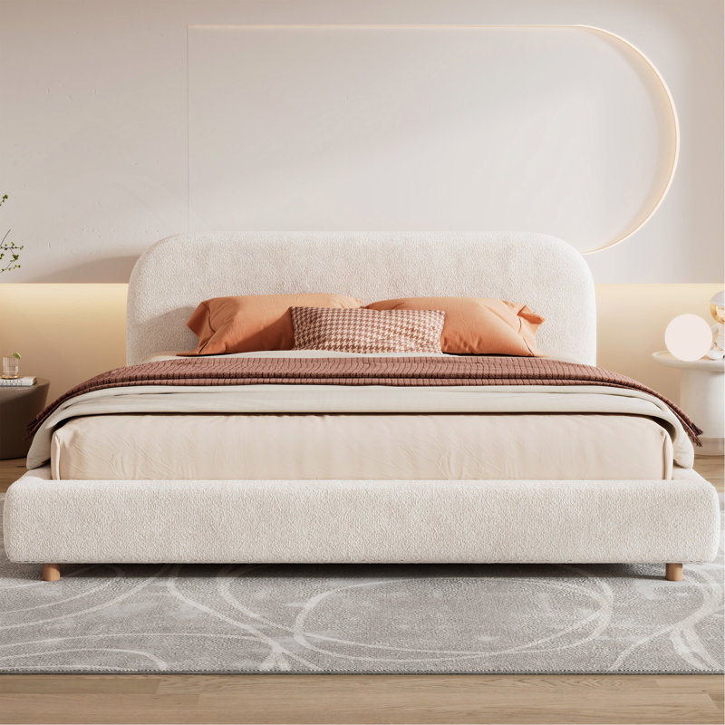 King Size Platform Bed With Boucle Fabric, Boucle Fabric Upholstered Platform Bed With Curve-Shaped Design Headboard,Easy Assembly