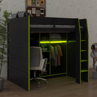Full-Size Wooden Loft Bed With Workstation, Open Wardrobe, Various Storage Options, And Embedded Lighting