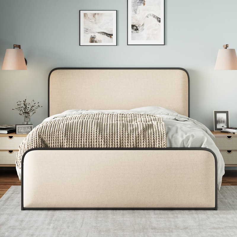 Base de lit en métal beige pour lit très grand, avec tête de lit rembourrée et espace de rangement supplémentaire