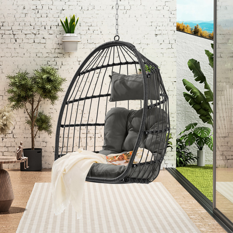 Dark Gray Outdoor Hanging Chair - Egg Swing For Patio, Mall, Leisure Facilities With Waterproof Cushion In Deep Garden, Courtyard, Basement Frame