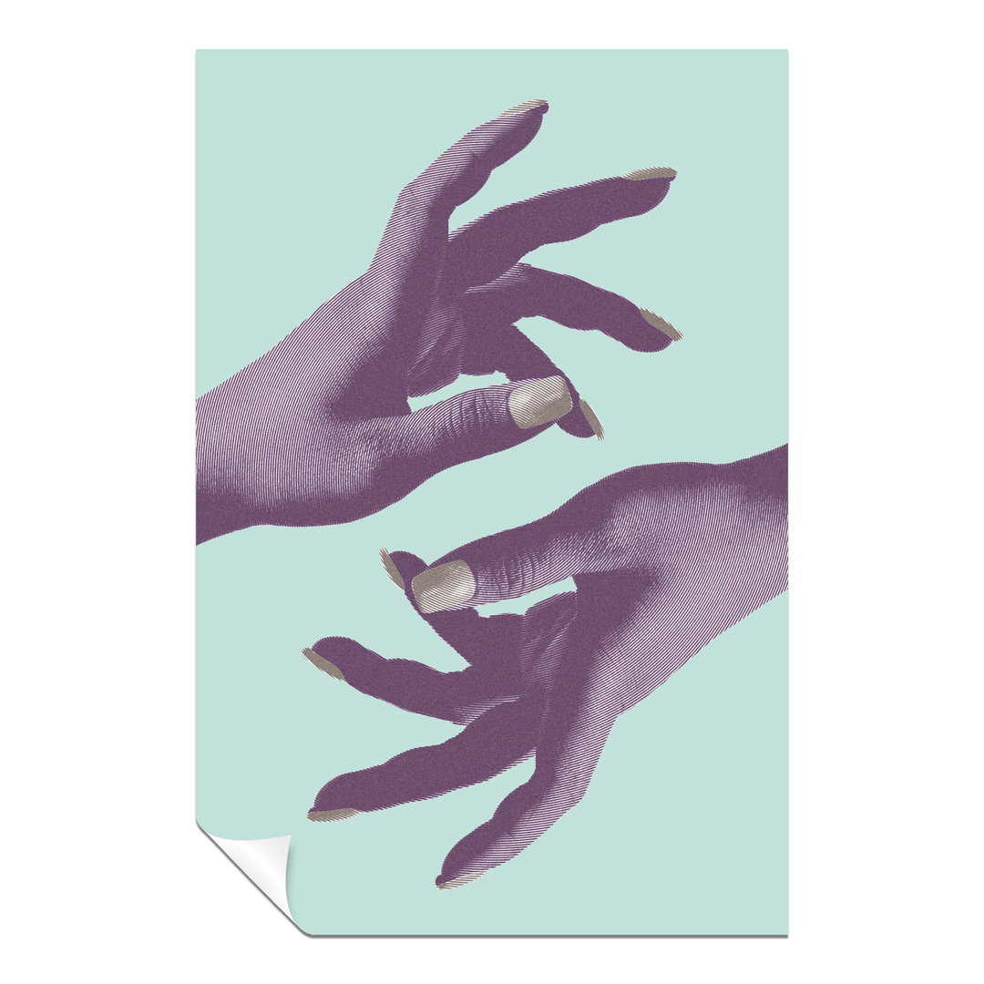 Woman Reaching Hands in Teal Background - Unframed Art Prints
