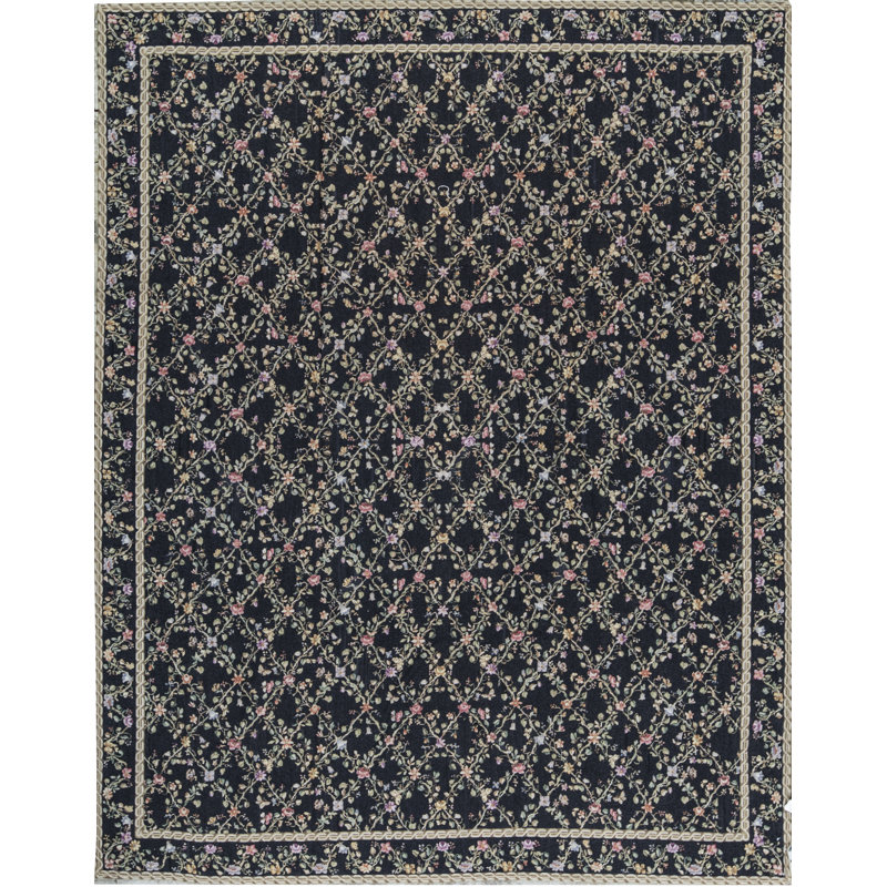 Needlepoint Hand-Knotted Wool Floral Area Rug in Black/Dark Green