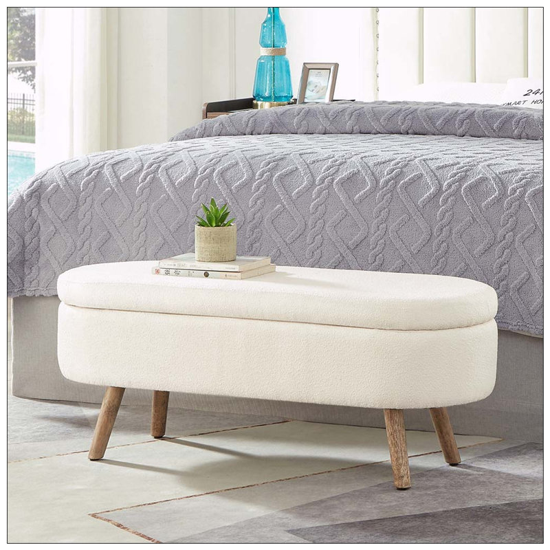 Oval Boucle Storage Ottoman Bench with Wood Legs, Ivory