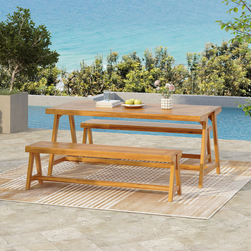 Outdoor 3-Piece Picnic Table Set, Contemporary Acacia Wood Patio Dining Set With Benches - All-Weather & Compact For Balcony, Deck, Camping